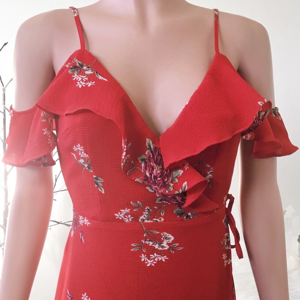 Off Shoulder Floral Wrap Butterfly Red Midi Dress - Picture 6 of 9